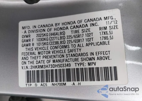 2013 Honda Cr-V Ex-L z USA, uszkodzony, nr VIN 2HKRM3H73DH503349